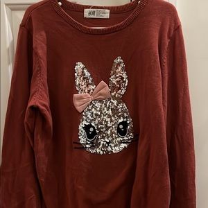 Girls H&M Sequined Bunny Pullover Sweater In Maroon Size 8-10Y